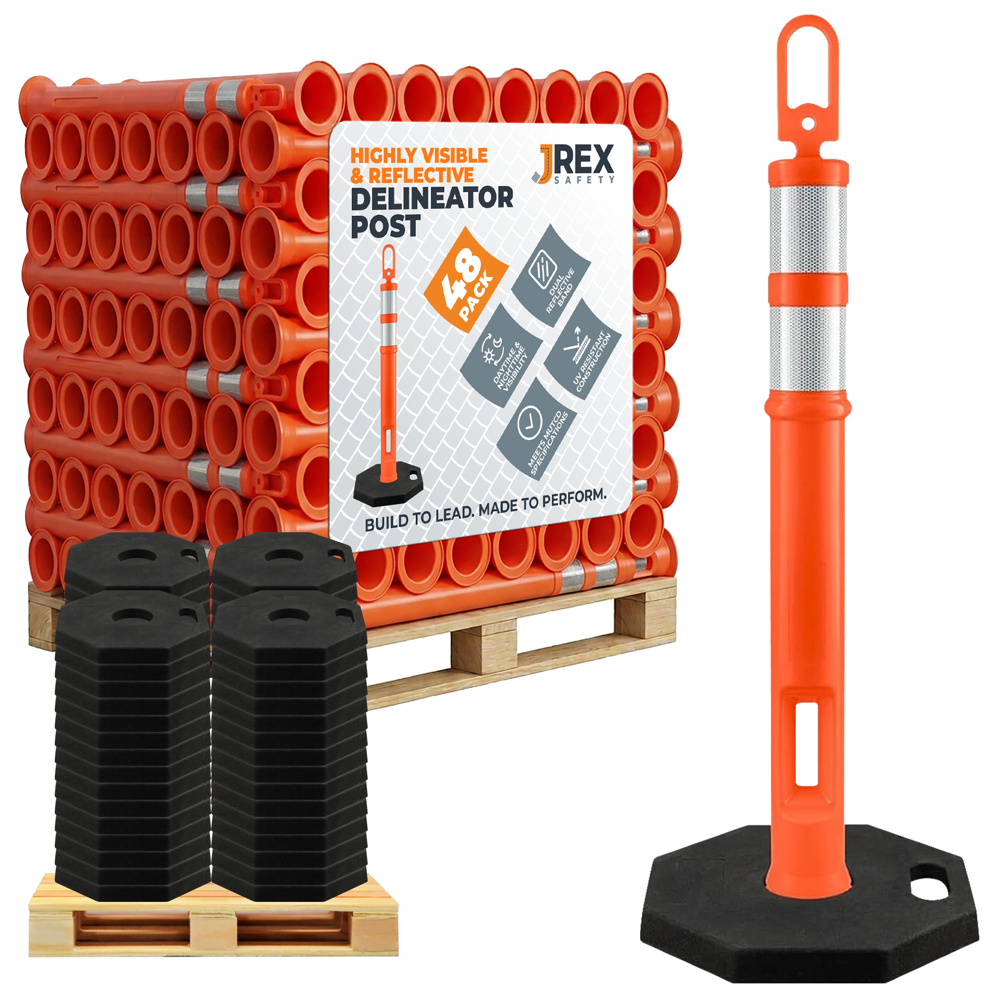 42" Ring Loop Orange Traffic Delineator Post with 13 LB PVC Base - Half Pallet 48